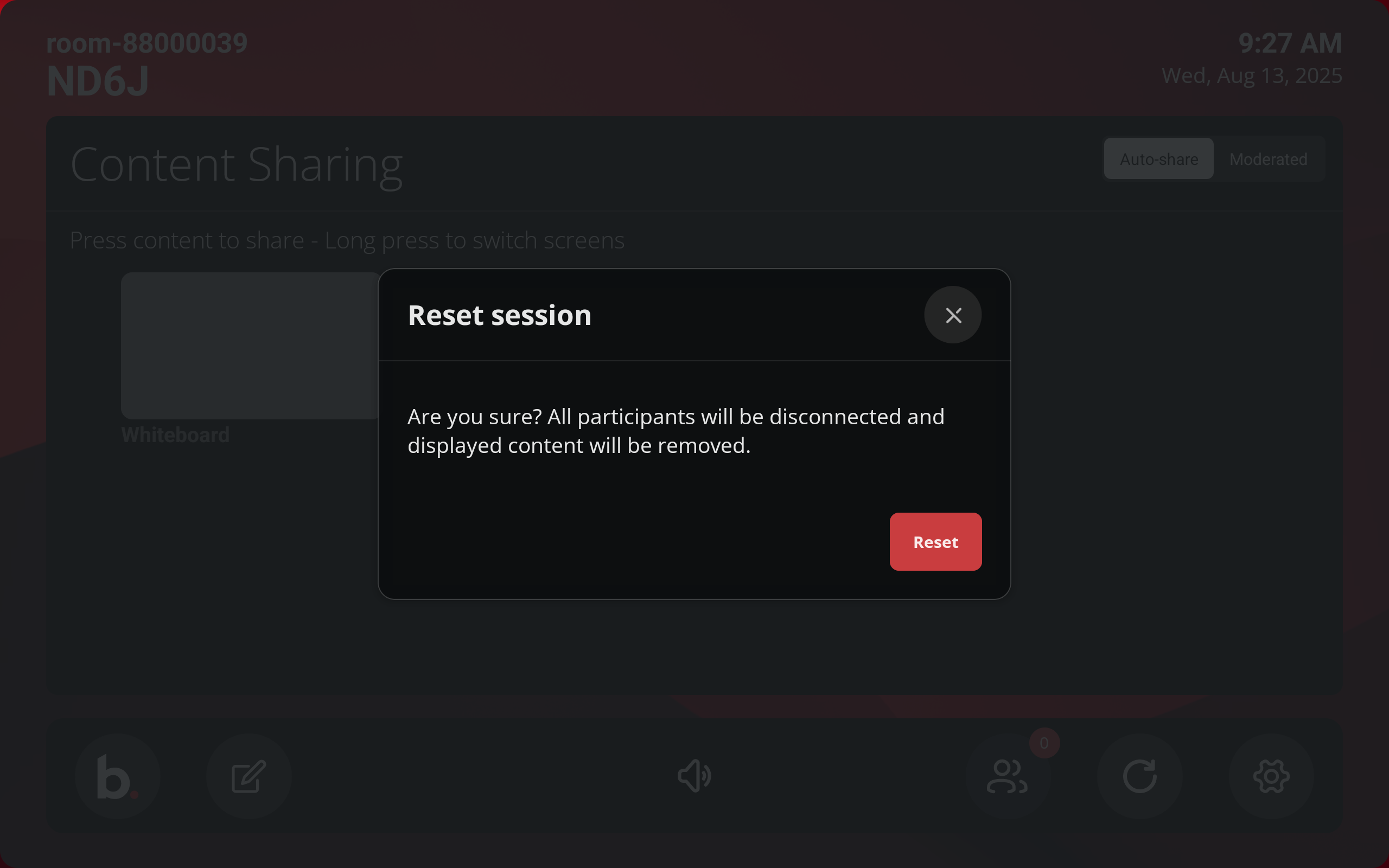 The session reset confirmation screen